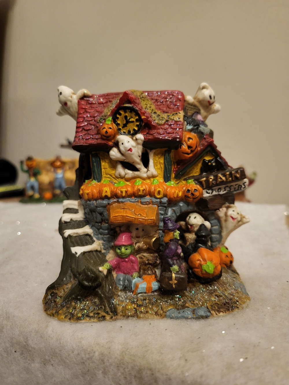 Vintage Spooky Hollow Halloween Village Train Station Lighted Ceramic House